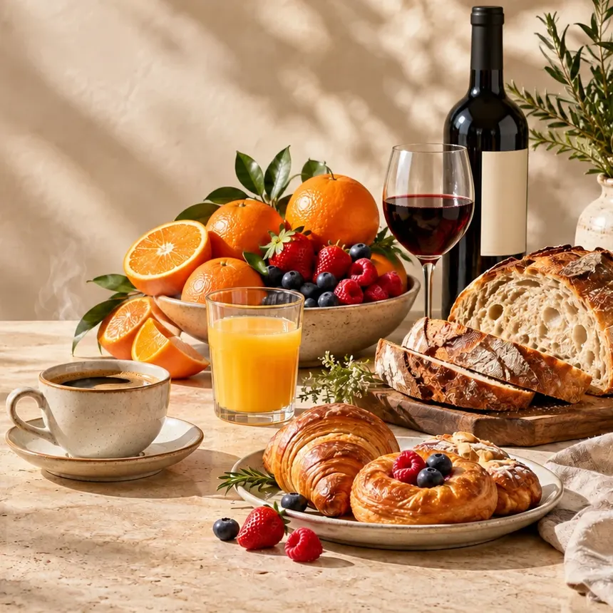 A breakfast table with coffee, orange juice, a bowl of citrus and berries, pastries, sourdough bread and a glass of red wine