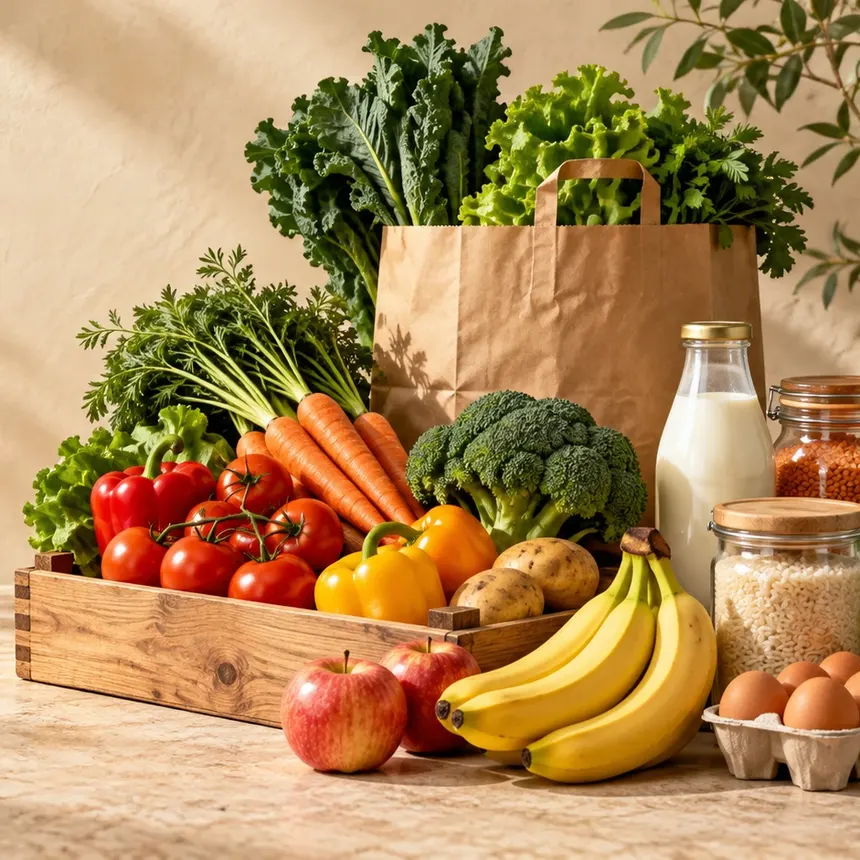 A wooden crate of fresh vegetables and fruit beside a paper grocery bag, milk, eggs and jars of dry goods