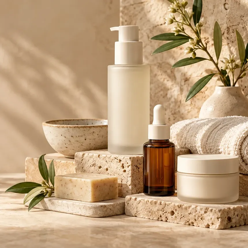 Skincare bottles, a bar of soap and a folded towel arranged on travertine blocks in warm sunlight