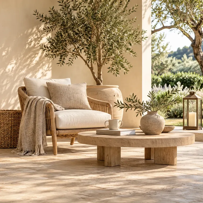 A woven armchair with cushions and a throw beside a potted olive tree and a round stone coffee table on a sunlit terrace