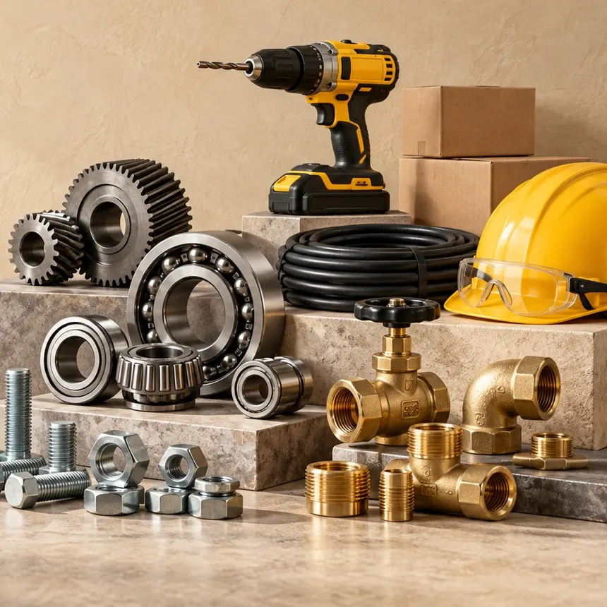 Industrial supplies on stone plinths: gears, ball bearings, bolts and nuts, brass pipe fittings and a valve, a cordless drill, cable and a hard hat