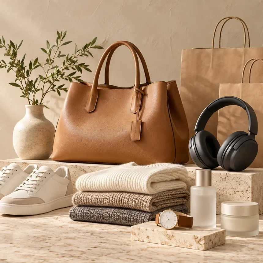 A mixed retail display of a leather handbag, sneakers, folded knitwear, a watch, headphones and skincare, with paper shopping bags behind