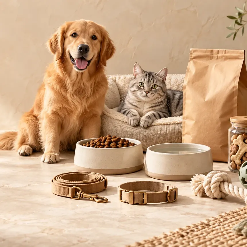 A golden retriever and a tabby cat beside food bowls, a bag of pet food, a jar of treats, a lead and collar, and rope toys