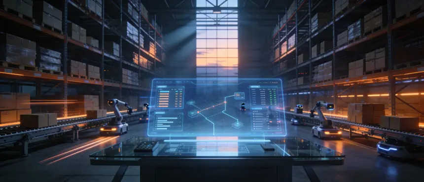 A warehouse with an operations dashboard overlaid