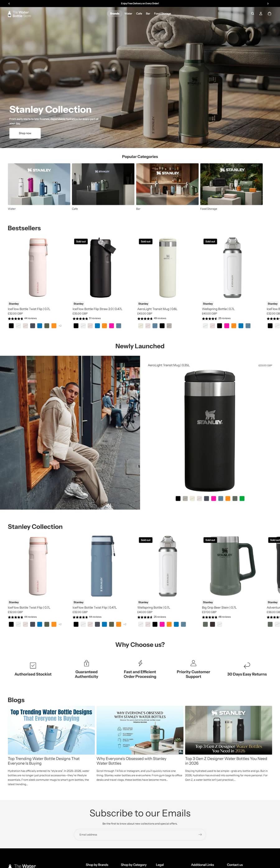 The Water Bottle Store homepage, a multi-brand Shopify storefront