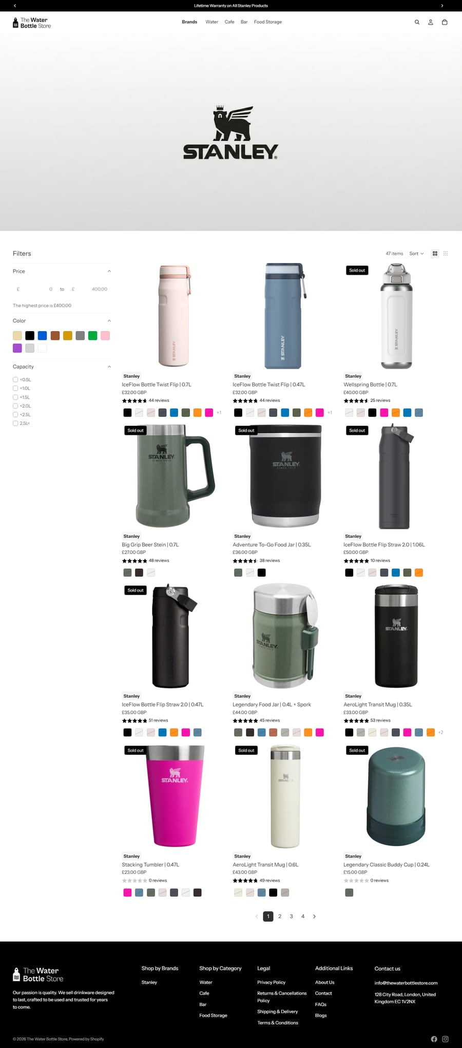 Brand collection — faceted filters, sort and grid-density controls over the 47-product Stanley listing.
