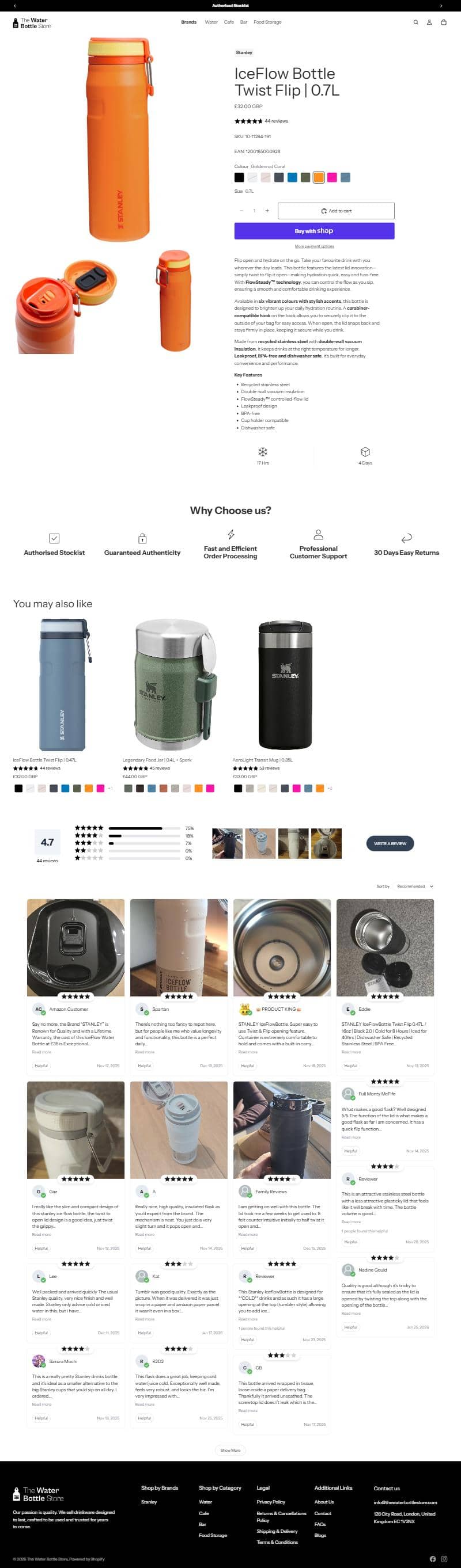Product page — variant swatches, review score and Shop Pay express checkout all above the fold.